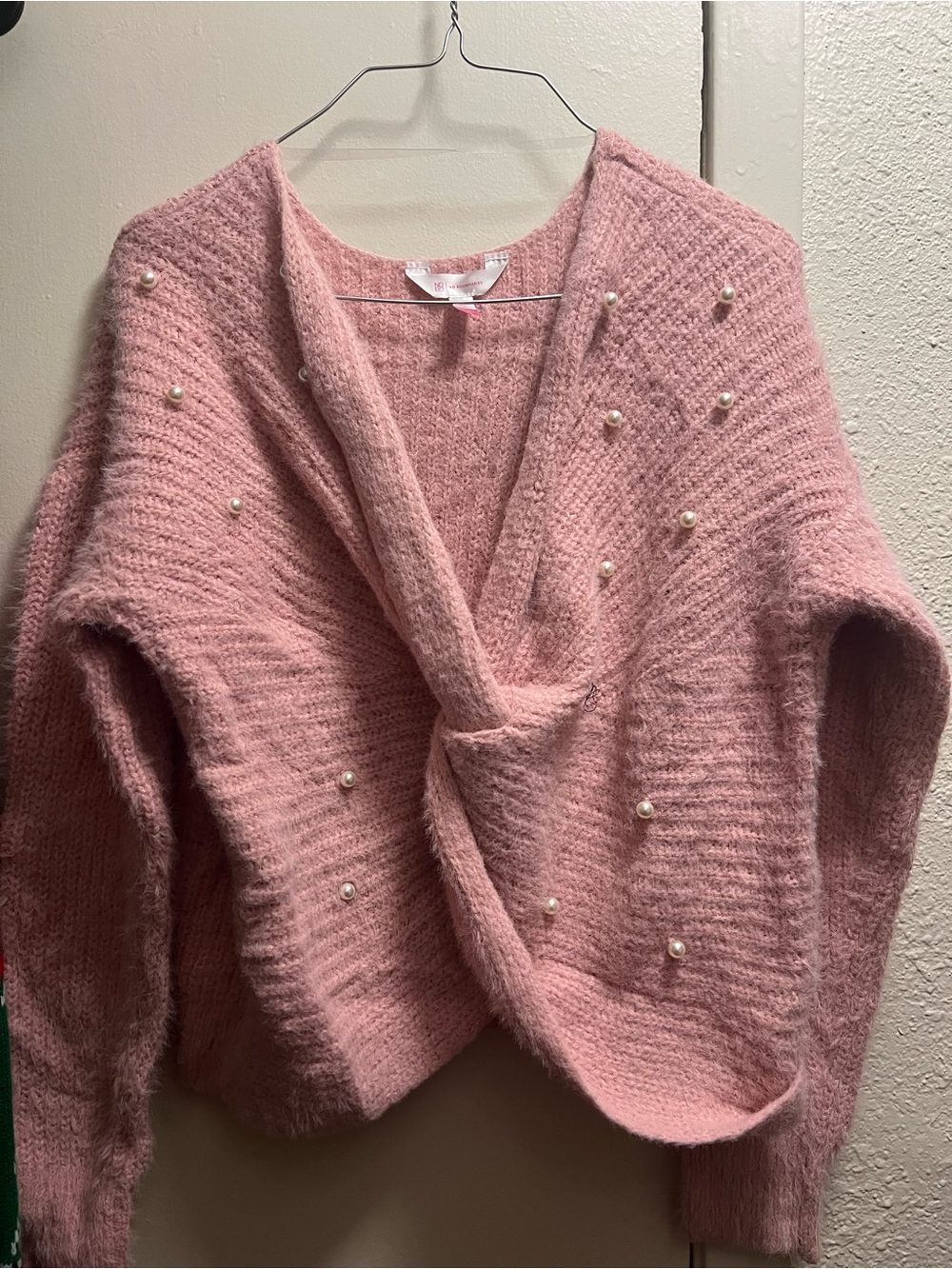 No Boundaries Pink Pearl-Embellished Twist V-Neck Sweater